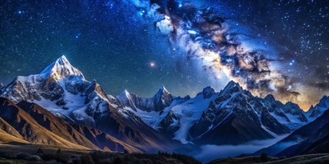 Naklejka premium Majestic Mountain Range Under a Starry Night Sky Captivating Landscape Photograph Featuring the Dramatic Milky Way, Deep Blue Sky, and Snow-Capped Peaks, Evoking Awe and