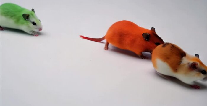 funny group of multicoloured hamsters mici go one after another like a locomotive with carriages, on a white background, copy space