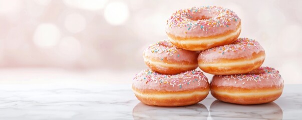 A stack of delicious pink frosted donuts with colorful sprinkles. Perfect for sweet treats and dessert cravings.
