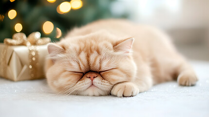 Obraz premium A cozy cat resting near a beautifully decorated Christmas tree with gifts and twinkling lights