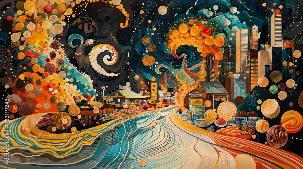 Poster abstract art with swirling patterns, celestial bodies, and a winding path leading into a mysterious 