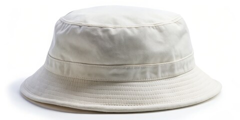 Minimalist Close-Up of a Textured White Bucket Hat with Slight Sheen Against a Clean White Background, Highlighting Simple Design and Potential for Customization