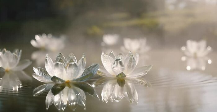 beautiful crystall white transparent shiny lotuses, in the fog, water lily flower in pond, video animated background, copy space
