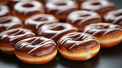 Delicious chocolate glazed donut arranged beautifully, perfect for dessert lovers and food photography enthusiasts.