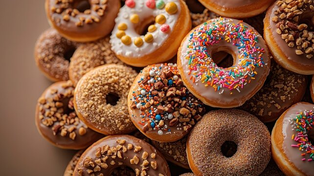 Delicious assortment of colorful donuts with sprinkles, icing, and various toppings perfect for sweet treats and dessert cravings.