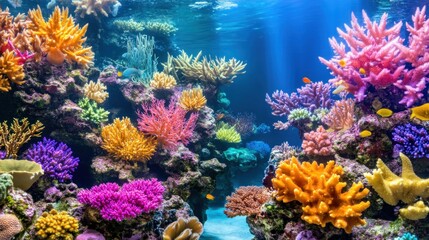 Fototapeta premium The stunning coral reef showcases a variety of vibrant, colorful corals and lively marine creatures, creating a breathtaking underwater habitat with clear waters filtering sunlight