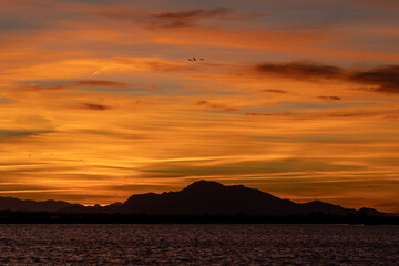 Birds flying over a lake at sunset with mountains in the background, creating a colorful and peaceful scene