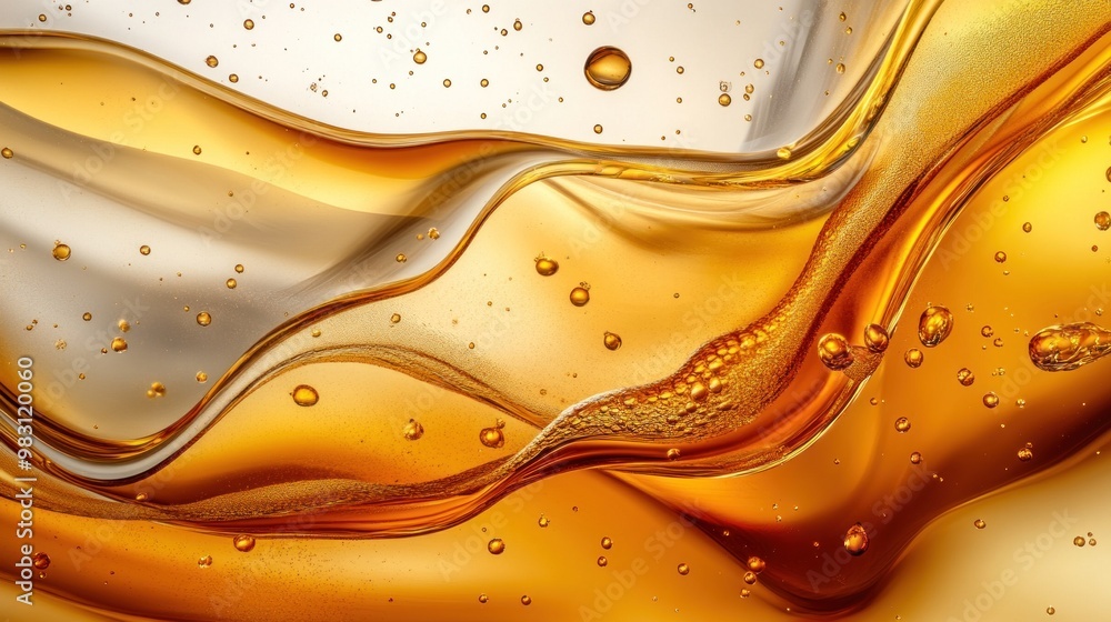 Poster a mesmerizing display of golden waves flows smoothly, with bubbles rising and shimmering under gentl