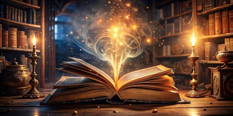 Open Book with Magic and Golden Light, Book Magic, Fantasy © Spot Decor