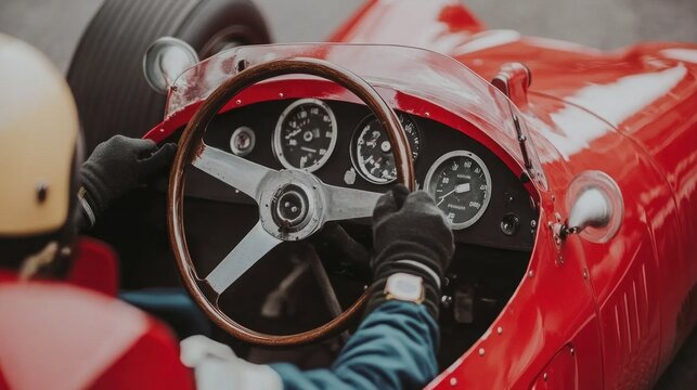 A skilled driver maneuvers a classic racing car, intensely focused on the dashboard filled with gauges, as they navigate a curve at a renowned racetrack with bright skies - Powered by Adobe