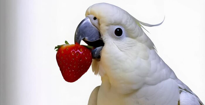 white cockatoo parrot eating strawberries, on white background, copy space