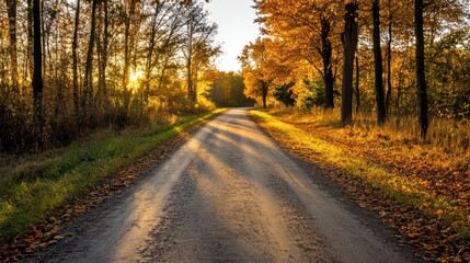 Obraz premium The scene captures a tranquil country road surrounded by tall trees adorned with autumn leaves, illuminated by the golden sunlight of the late afternoon