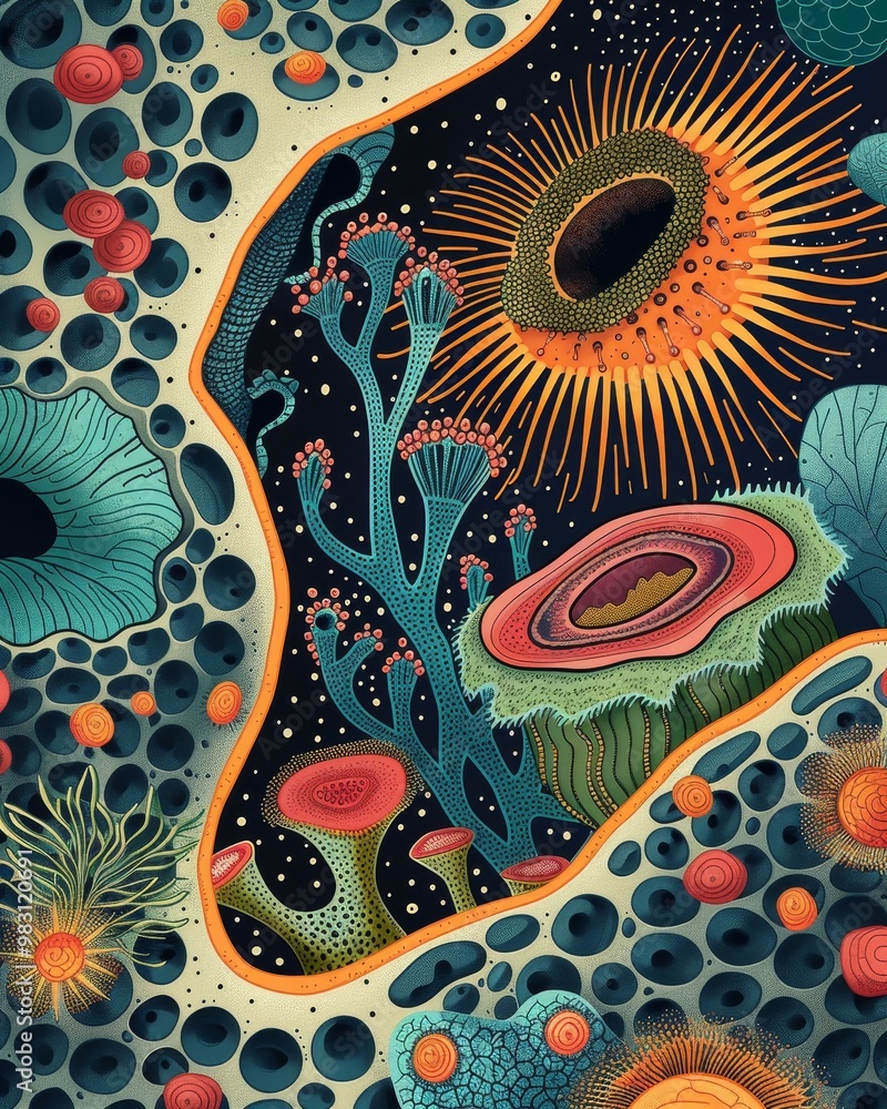 Poster Abstract digital art featuring a colorful and intricate pattern of organic shapes and textures.