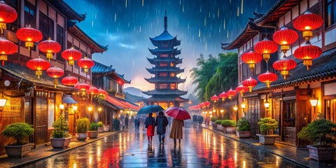 Obraz premium Rainy Night in a Chinese Village, red lanterns, pagoda, street, Chinese Culture, Asian Architecture