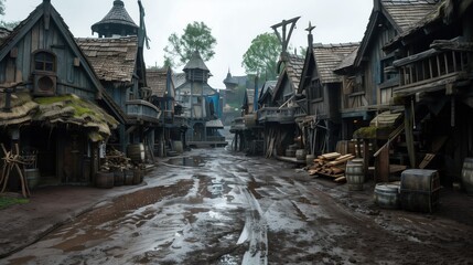 Fototapeta premium The atmosphere of the medieval village is enhanced by rain, creating muddy paths among the rustic wooden buildings. Overcast skies loom, casting a gloomy ambiance over the scene