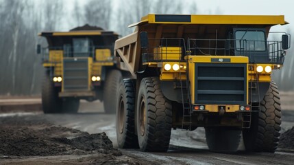 Massive dump trucks traverse uneven ground, loaded with earth, under a gray sky in a remote construction landscape, showcasing the power of industrial machinery at work