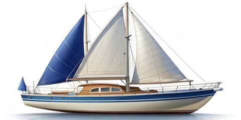 Fototapeta premium Sailboat with Blue and White Sails on a White Background, Sailboat ,Sailing