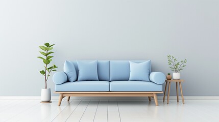The light blue sofa features cozy cushions and is placed against a soft gray wall, complemented by vibrant indoor plants and a chic side table that enhance the room's serenity