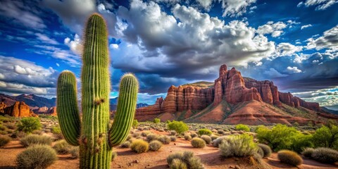 Saguaro Cactus Standing Tall Against Dramatic Clouds and Red Rock Formations, Arizona Desert, Southwest Landscape , cactus, desert