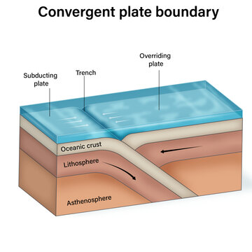 Detailed Vector Illustration of Convergent Plate Boundary Formation: Geological Processes and Features with Labels