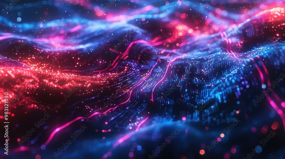 Poster abstract digital art with glowing red and blue waves. sparkling particles and lines create a dynamic