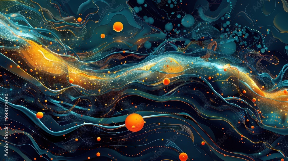Poster abstract digital art with swirling blue and gold lines and orange orbs. the vibrant colors and dynam