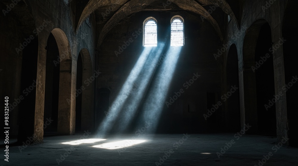 Poster sunlight filters through arched windows in an old stone building, casting soft beams that illuminate