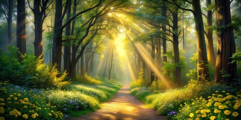 Fototapeta premium Serene Sunlit Forest Path A Digital Painting of Tall Trees Framing a Winding Track, Bathed in Warm Light and Hints of Autumn, Inviting Exploration Through Vibrant Wildflowers