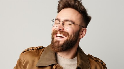 Fototapeta premium A man with a well-groomed beard and glasses radiates happiness, showcasing a casual brown jacket and a light turtleneck in front of a soft backdrop