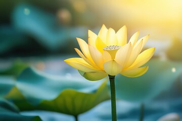 Fototapeta premium Yellow Lotus. Beautiful Aquatic Bloom in Nature Background
