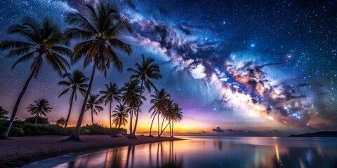 Serene Tropical Beach Panorama at Night Silhouetted Palm Trees Frame the Vibrant Milky Way Above Calm Waters, Reflecting Ethereal Colors of Cosmic Beauty Against Twilight Horizon