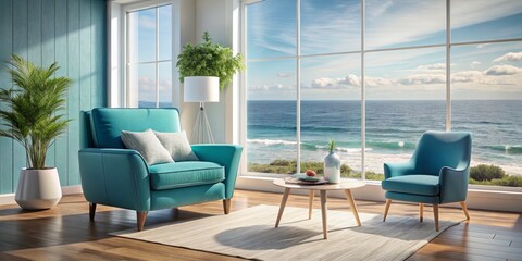 Naklejka premium Serenity by the Sea Tranquil Minimalist Living Room with Ocean View, Balanced Composition, Soft Colors and Natural Elements