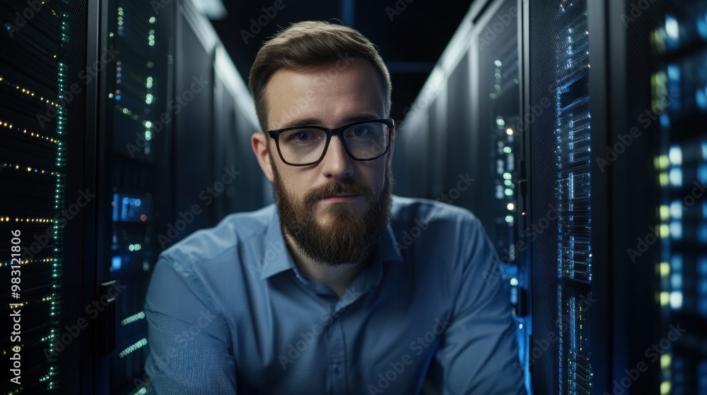 Poster an it professional with a beard and glasses sits thoughtfully in a high-tech data center. surrounded