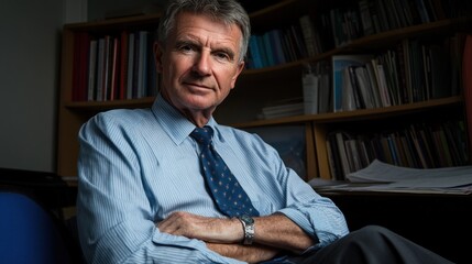 A middle-aged man exudes confidence as he sits with arms crossed in a well-lit office. Shelves lined with books and documents fill the background, suggesting a scholarly environment