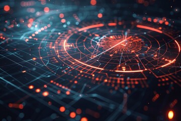 Abstract digital technology background with glowing red and blue lines and shapes.