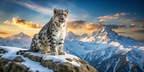 Snow Leopard on Rocky Outcrop at Sunset Graceful Wildness Amidst Majestic Mountains, Muted Colors, and a Warm Glow of Gold, Capturing Nature's Beauty and Isolation