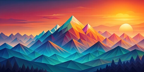 Stylized Low-Poly Mountain Range at Sunset Central Snow-Capped Peak with Warm Orange and Purple Tones, Cool Blue Gradients, Vibrant Sky, and Silhouetted Trees, Evoking Tranquility