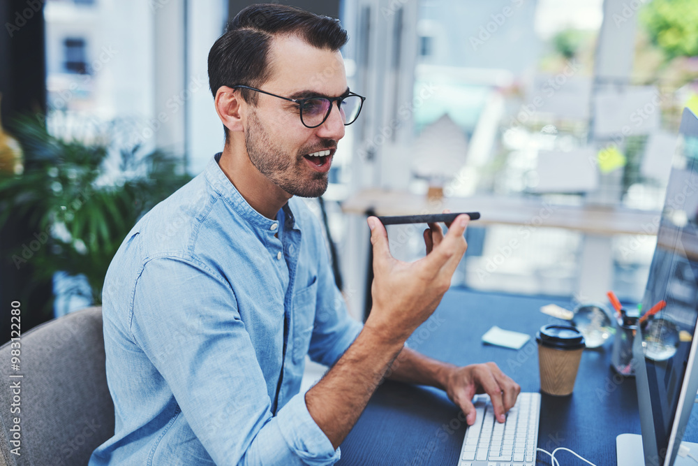 Poster Phone call, speaker and man in office with business networking, communication and contact. Connectivity, voice assistant and web developer on mobile discussion for coding information with technology.