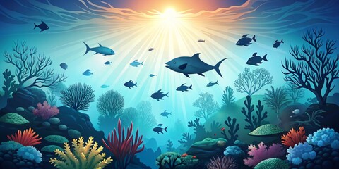 Fototapeta na wymiar Sunlit Underwater Wonderland A Stunning Digital Illustration Showcasing a Bright Blue Sky Above with Radiant Sunlight and a Vivid Coral Reef Teeming with Colorful Fish Below
