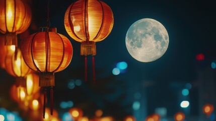 Glowing lanterns and a full moon illuminate the night sky, creating a serene and festive atmosphere with a fusion of cultural elegance.