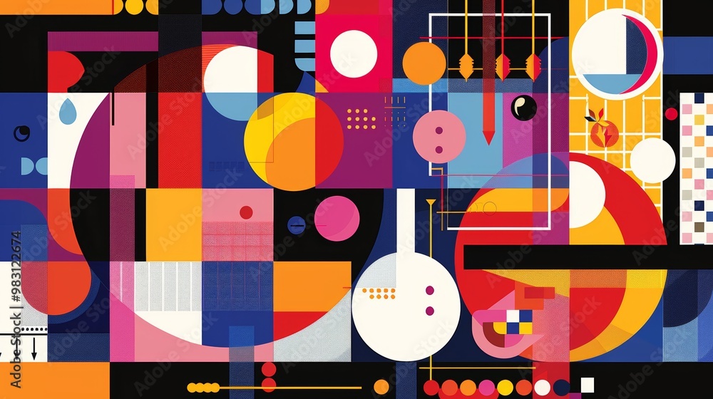 Poster abstract geometric pattern with vibrant colors and bold shapes, creating a dynamic and playful visua