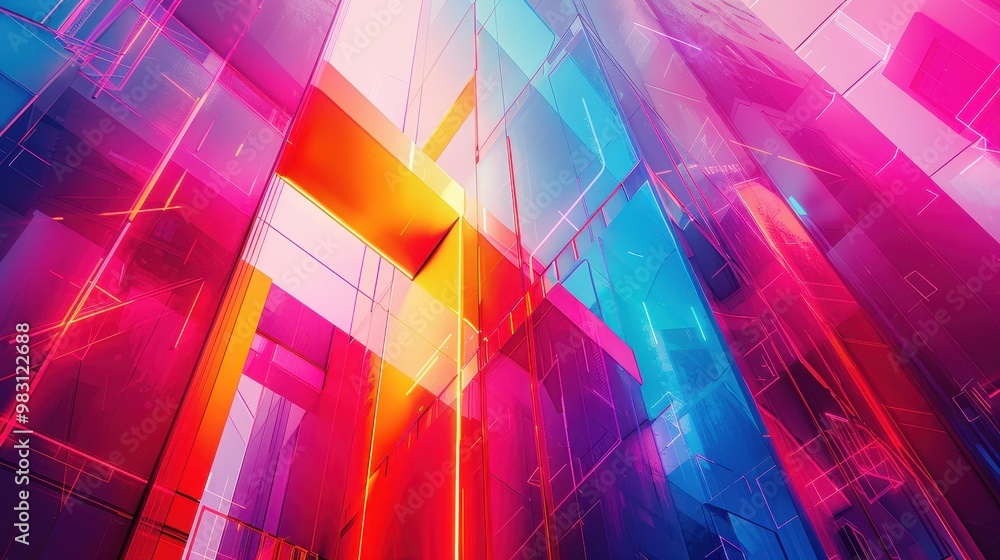 Poster abstract geometric pattern with vibrant colors and a dynamic composition.