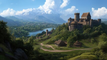 Fototapeta premium A majestic medieval castle stands proudly on a hill, surrounded by vibrant greenery, a winding river below, and towering mountains in the background under a bright blue sky