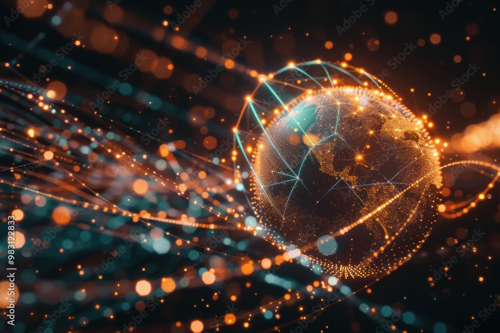 Poster abstract glowing digital network with a 3d earth model, representing global connectivity and data fl