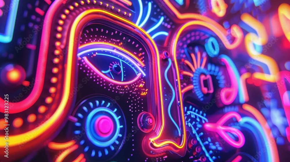 Poster abstract neon art with a vibrant and colorful design featuring a face and geometric shapes.