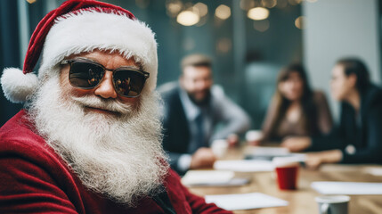 Santa Claus in red with sunglasses, confidently attending a modern office meeting with colleagues in the background.