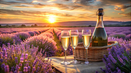 Obraz premium A picturesque lavender field at sunset features a basket with a bottle of sparkling wine and three glasses filled with the drink, creating a dreamy atmosphere