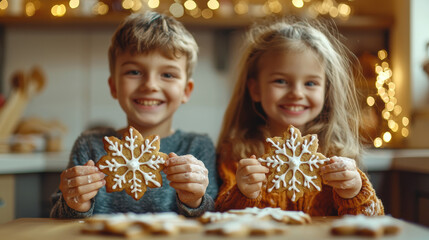 Two kids joyfully display their freshly decorated snowflake cookies against a backdrop of festive twinkling lights in a cozy kitchen.