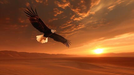 An eagle gracefully glides through the golden sky above a sprawling desert as the sun sets, casting a warm glow on the sandy terrain and creating a breathtaking atmosphere