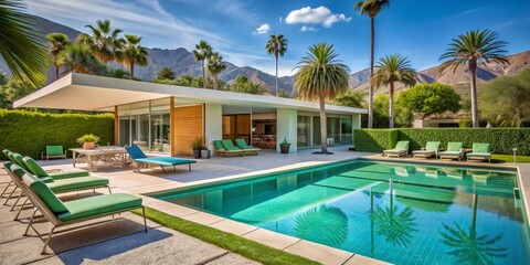 Tranquil Poolside Retreat Modern Architecture and Sparkling Blue Pool Reflect Palm Trees, Framed by Green Lounge Chairs on a Light Patio Under a Sunny Sky, Inviting Relaxation and
